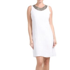 LINA Tomei Linen Round Beaded Neck Sheath Dress